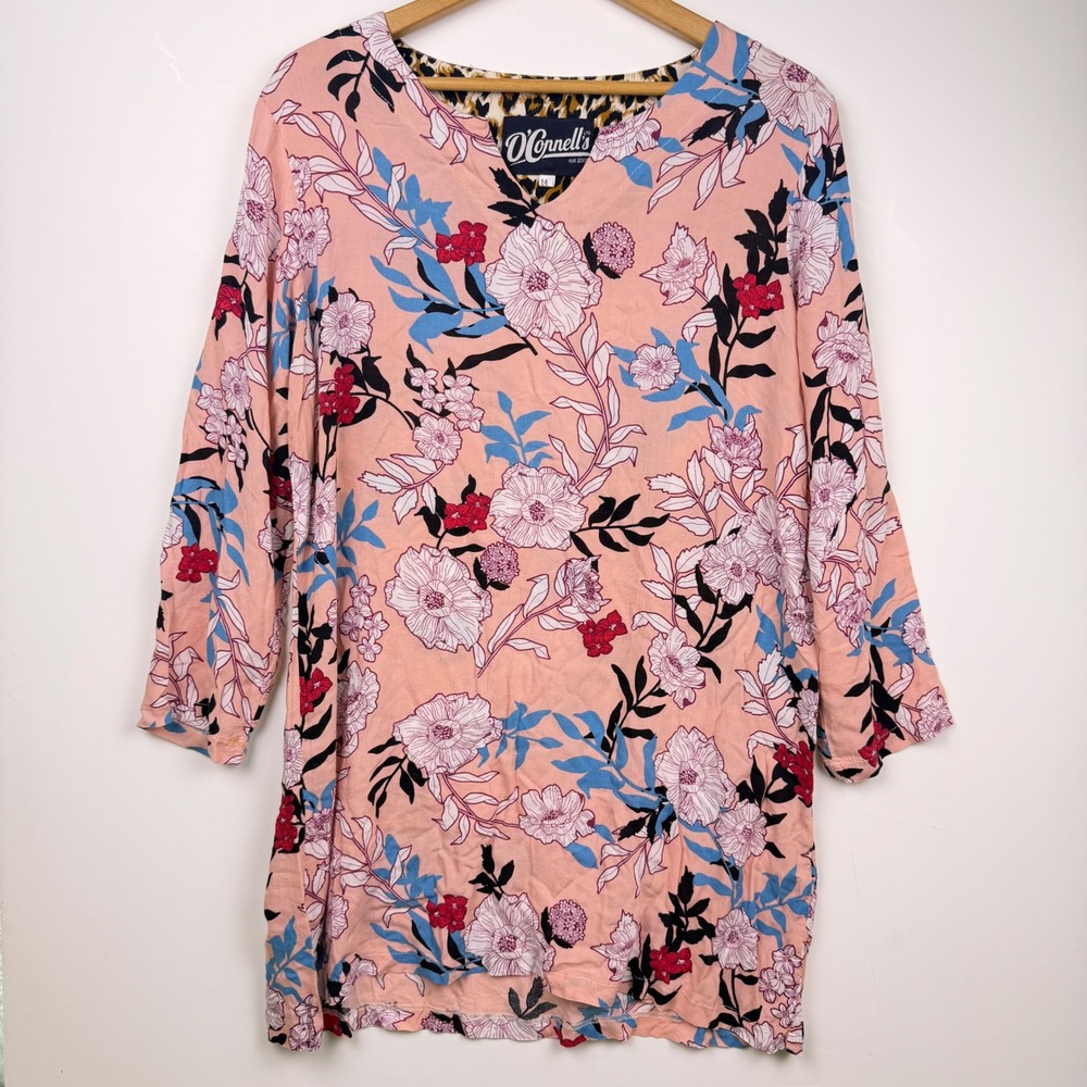 O'Connells Pink Floral V-Neck 3/4 Sleeve Size 14 Boho Knee Lenth Dress